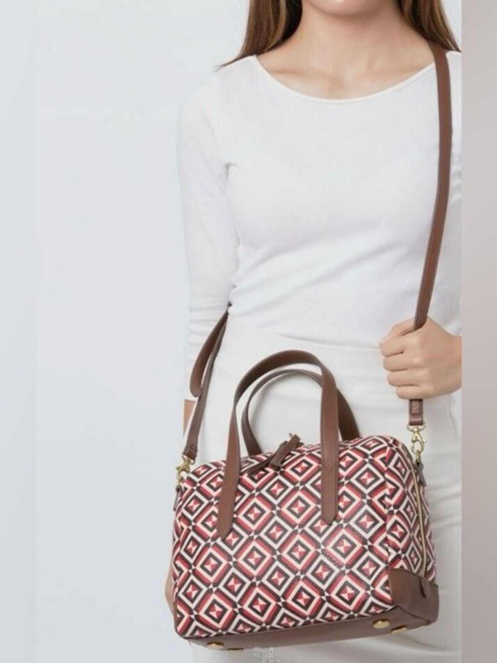 Fossil Sydney Satchel Red Geometric Crossbody Bag Handbag